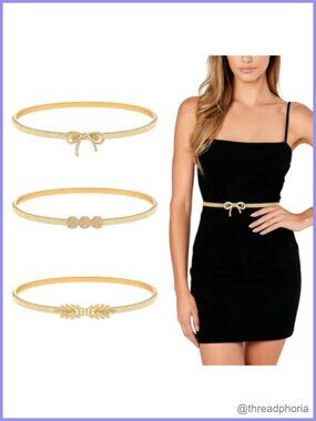 3 Pack Skinny Metal Waist Belts Elastic Stretch Cinch Belt Set